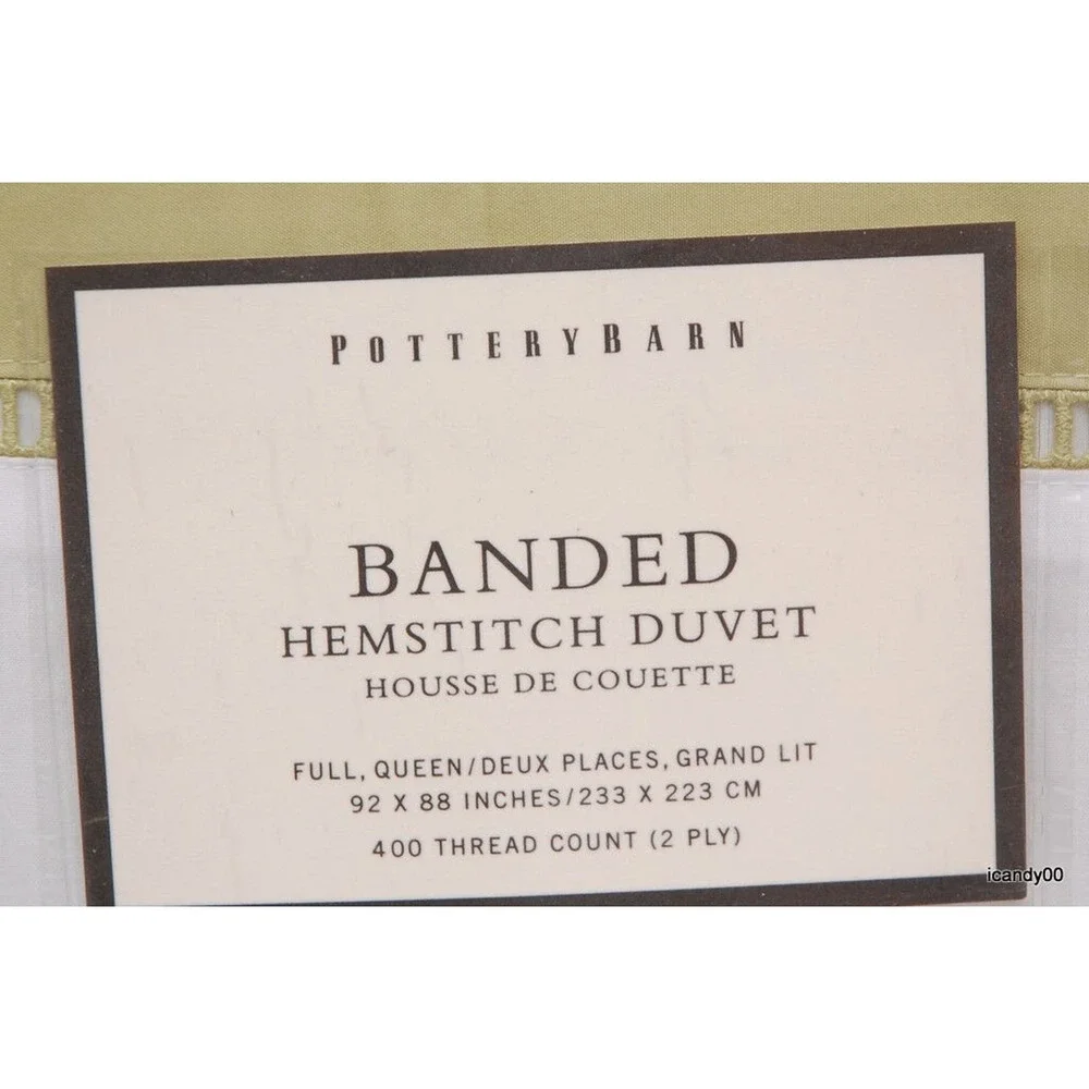Pottery Barn Banded Hemstitch Duvet 400 Thread White/Green QUEEN/FULL Nip $179
